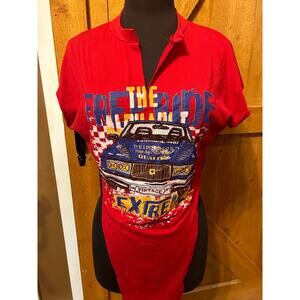 Women's Large Top Car Red Shirt Open Neck Racing